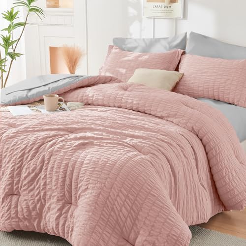 Image of HYMOKEGE Rose Gold /Light Grey Queen Comforter Set Seersucker 7 Pieces, All Season Luxury Bed in a Bag Queen for Bedroom, Bedding Set with Comforter, Sheets, Pillowcases & Shams