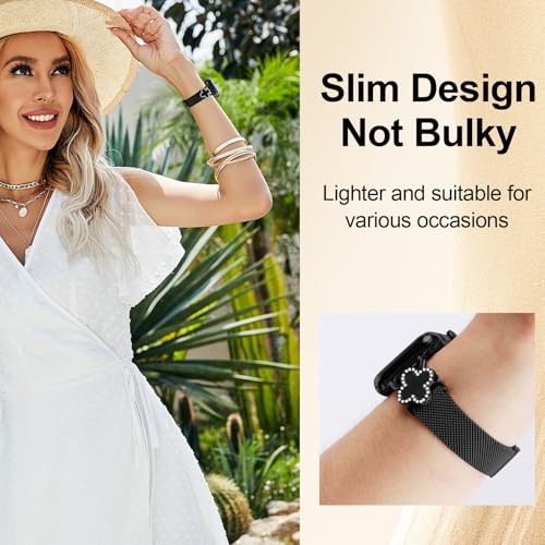 Joyozy Slim Metal Band Compatible with Apple Watch Band 38mm 40mm 41mm 42mm 44mm 45mm 46mm 49mm Skinny Magnetic Strap with Bling Charms, Cute Stainless Steel Band, Dressy Thin iWatch Bracelet for Women