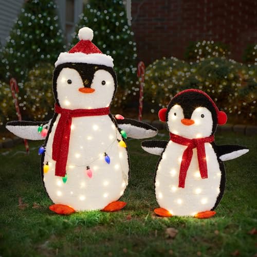 Outopee Christmas Lighted Penguin Set Decoration, Outdoor Christmas Waterproof Plush Penguin with 150 LED Lights, Pre-Lit Classic Traditional Ornament for Xmas Yard Patio Front Door