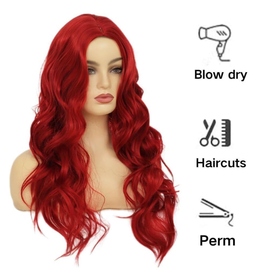 Salaibs Red Long Curly Wigs for Women Middle Part Wavy Natural Synthetic Hair Wigs for Cosplay Halloween Party Use - Image 3