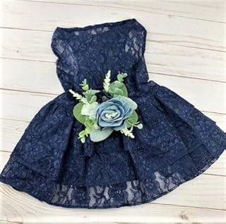 Navy Lace Dog Dress, Navy and Dusty Blue Floral Wedding Dog Dress, Dog Flower Girl Dress, The Aquanetta Wedding Dog Dress, Dog Clothes (XX-Large (25-35 lbs))