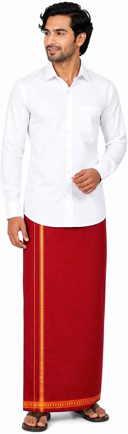 Men’s Fancy Border Dhoti, Single Layer 2.0 Meter Mundu Veshti, Traditional Colored Border Dhoti