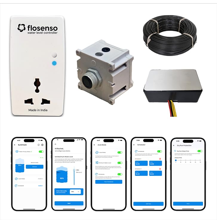 Image of Flosenso with Navi addon for Submersible Pumps Single or Dual Starters Switch - Fully Automatic Wired Water Level Controller | Ultrasonic Sensor | Mobile App | All Features | 6 AMP | 60 Meter Wire