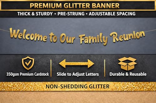 Image of Pre-Strung Welcome To Our Family Reunion Gold Glitter Banner - Birthday Decorations for Men and Women - Party Supplies and Gifts