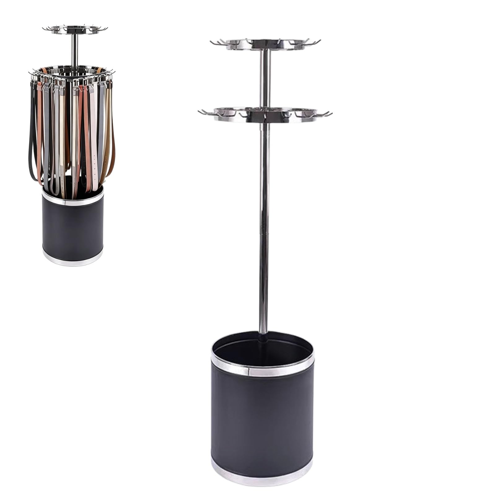 Zweistöckiger, Drehbarer Gürtelständer Aus Metall Für Einzelhandel Und Haushalt, Gürtelhalter Aus Edelstahl Mit Integriertem Aufbewahrungseimer(Black,1 Pack)