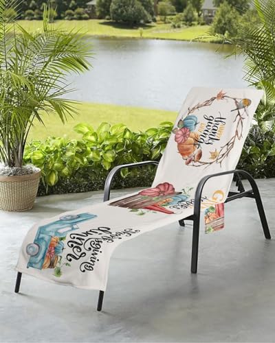 Thanksgiving Harvest Beach Chair Towel Covers for Chaise Lounge with Side Pocket, Soft Plush Pool Towels Cover for Patio Sunbathing Outdoor 29''x85'' Fall Pumpkin Gnomes Mushroom Truck