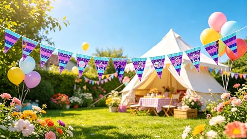 Image of K-POP Starry Birthday Banner - 12.2FT Polyester Bunting with 15pcs Triangle Flags, Blue Purple Gradient Star & Music Note Pennant Banner for Kpop Fans Party, Indoor Outdoor Hanging Decor