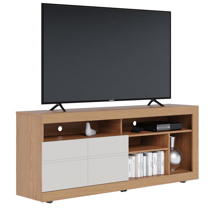 Meuble TV 65 Pouces Chêne et Blanc 2 Portes 6 Niches roulettes L 160 H 68 P 37.4 cm