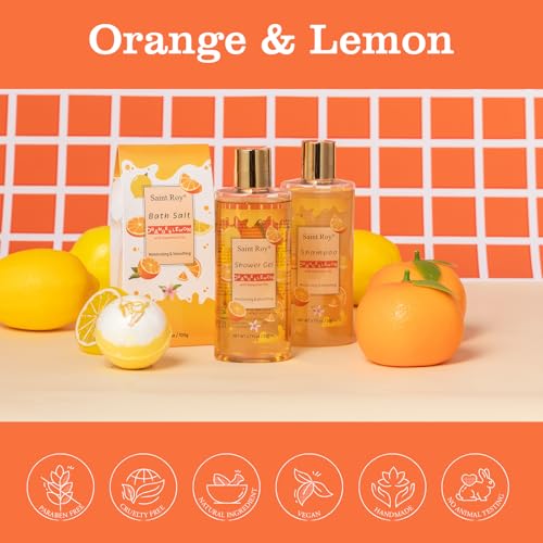 Image of Orange Scents spa gift set Great Gift Lemon Spa Gifts for girls, Body care Set Birthday Gifts, Gift Baskets for Woman, 11pcs Bath Gift Set for Women, Christmas Gifts for Women Citrus Spa Gift Basket