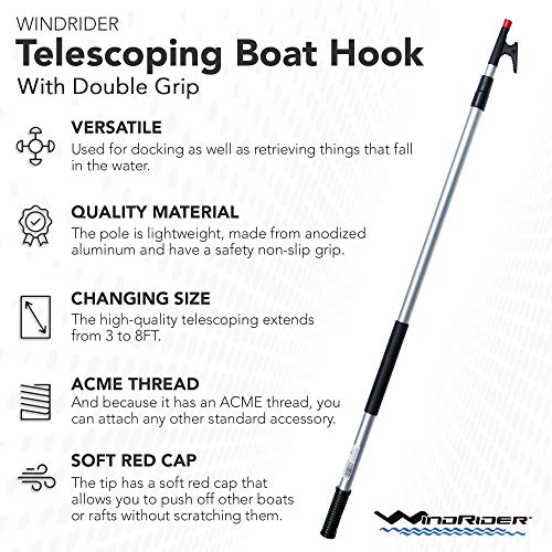 WindRider Boat Hooks for Docking telescoping – Floating Double Grip – Heavy Duty Boat Hook Pole - Threaded End for Boat Dock Accessories - 8 or 12ft - Multipurpose Push Boat Pole - Thumbnail 2