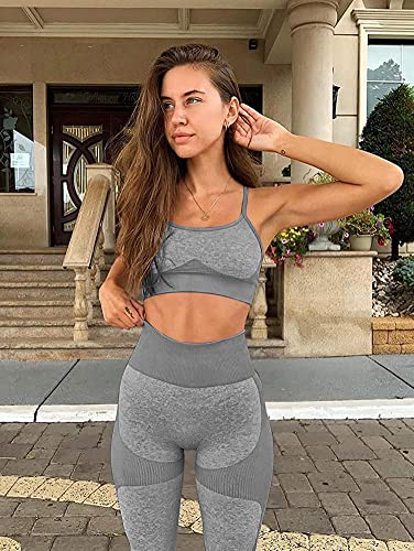 Image of OLCHEE Workout Set for Women 2 Piece Seamless Yoga Leggings and Cross Strap Sports Bra