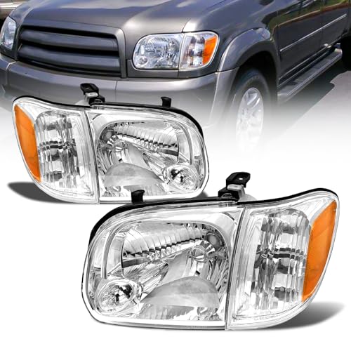 for 2005-2007 Toyota Sequoia Headlight Assembly Compatible with 2005-2006 Toyota Tundra Double/Crew Cab Chrome Housing Amber Reflector Headlamp (Not compatible with Regular Cab and Access Cab)