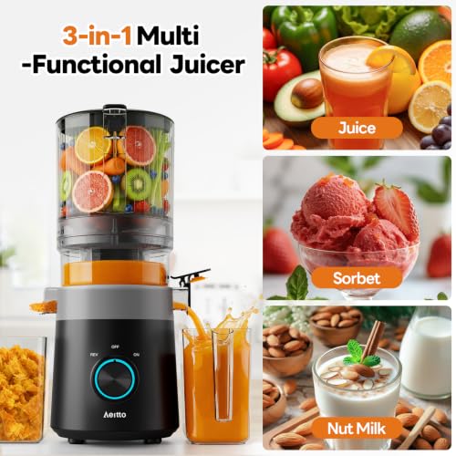 Image of Aeitto 3-in-1 Cold Press Juicer for Juice, Nut Milk & Sorbet - Filter-Free Design for Effortless Cleaning, 6.0 inch Extra Large Chute Fits Whole Fruits & Vegetables, Juicer Machines High Yield, With Brush