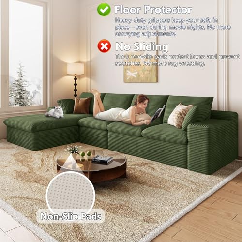 Image of 136 inch Cloud Couch Modular Sectional Sofa for Living Room, L-Shape Boneless Couch with Deep Seat, Modern Corduroy 4-Seater, No Assembly Required (Green,Left-Facing Chaise)