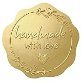 100 Pack Handmade with Love Stickers, Embossed Matte Gold Round Seals, Thank You Labels for Small Business Packaging, Baking, Wedding, Birthday & Handmade Gifts, 1.7 Inch (Full Gold)