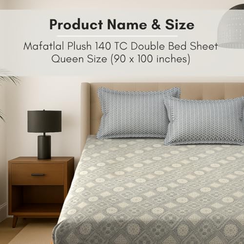 Image of MAFATLAL Plush 140 GSM Double Bed Sheet | Soft Microfiber Blend | Queen 90x100 | Cozy & Lightweight | Grey & Beige