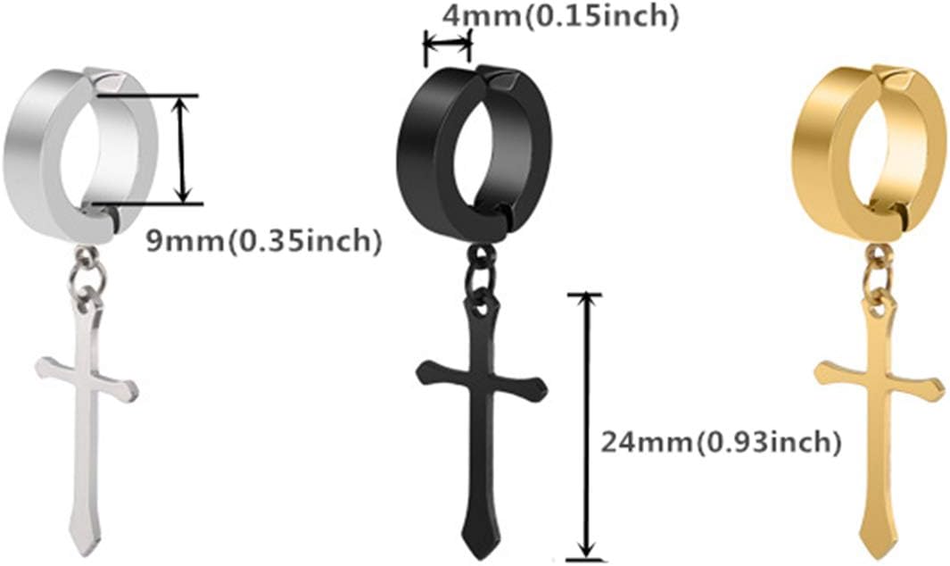 3 Pairs Non-pierced Clip On Cross Dangle Hoop Earrings Set Stainless Steel Ear Jewelry for Men Women - Image 6