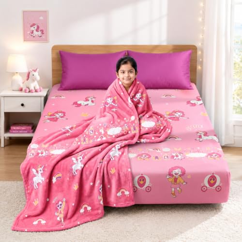 Image of Famyo Glow in The Dark Blanket & Fitted Bedsheet Combo for Kids | 0-15 Years, 200x152 cm Queen Size, Soft Flannel Fleece Throw, Soft 300 TC Cotton Bedsheets, Cozy & Warm All-Season Radium