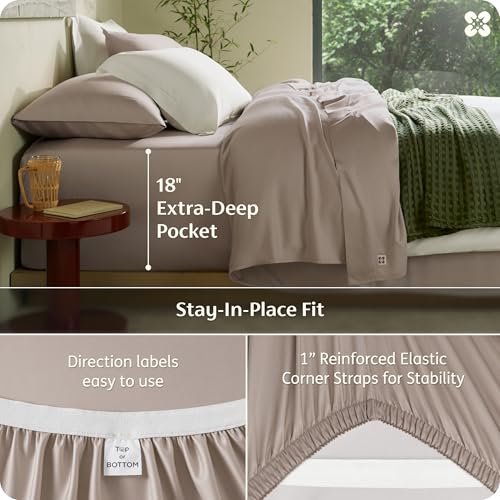 Image of Bedsure 100% Organically Grown Bamboo Viscose Queen Sheet Set | Cooling Bedsheets for Hot Sleepers | Luxury Silky Soft PureWoven | 18 inch Deep Pocket with Corner Straps | Oeko-Tex Certified [Light Brown]
