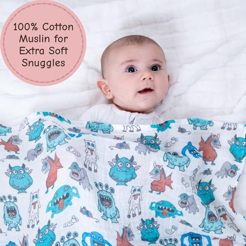 Image of LollyBanks Muslin Swaddle Blankets, 100% Cotton Soft and Breathable Baby Blanket for Boys, 47 x 47 Inches Receiving Blankets, Lightweight Newborn Swaddles, Nursery Must Haves (Monsters Print)