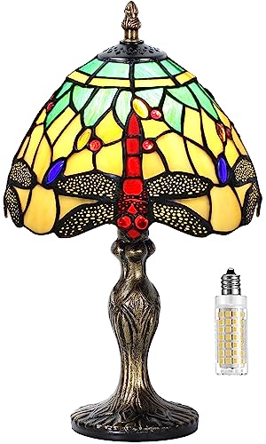 MIAOKE Stained Glass Table Lamp,Stained Glass Crystal Bead Style Table Light,Handmade Desk Bedside Night Light,Antique Art Craft Gifts Living Room Bedroom Bookcase(Green&White Dragonfly)