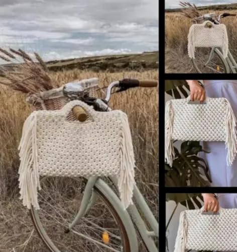 Sac à main en macramé blanc crème fait main avec pompons