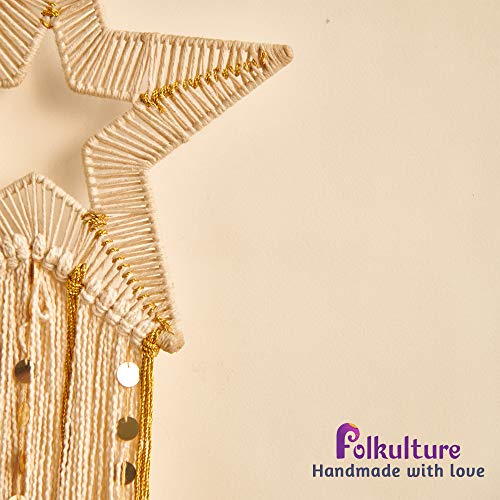 Image of Folkulture Gold Star Macrame Wall Hanging, Wall Decor for Living Room & Bedroom, Boho Farmhouse Style for Teen Girls & Dorm Room, 11 inch x 36 inch Inches