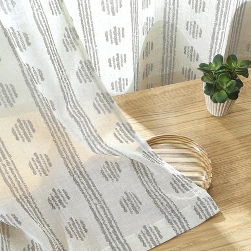Rideaux semi-transparents rayés lin bohème gris beige 127x243