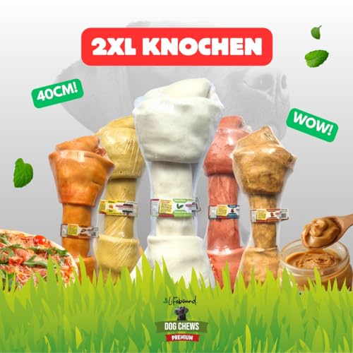 Premium Kauknochen für alle Hunde – Kalbshaut Kausnack zur Zahnpflege & Beschäftigung – Natürlich & fettarm (2XL/38,1-40,64, Bacon)
