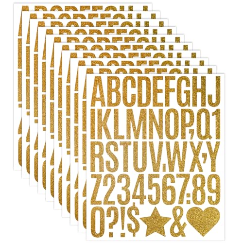 470Pcs 10 Sheets Large Glitter Letter Stickers Self Adhesive Alphabet Letters Number Mailbox Stickers, Stick on Letter Stickers,for Decals,Graduation,Sign,Home Decor(Gold,2 Inch)