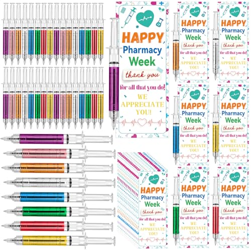 Resholder 48 Set National Pharmacy Week Gifts Retractable Syringe Pens with Thank You Card Pharmacy Appreciation Gifts for Nursing School Medical Assistant Pharmacist Supplies