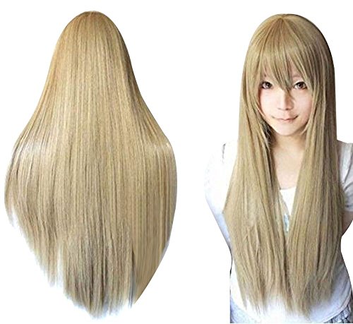 Anogol Hair Cap+32Inch/80cm Long Blonde Wig With Bangs Peluca Rubia Wig for Cosplay, Synthetic Ash Blonde Wig with Bangs for Anime Cosplay Women, Straight Blond Wigs for Women Halloween Costume Party