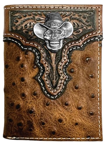 Custom Cowboy Skull ARIAT Tooled Ostrich Trifold Wallet