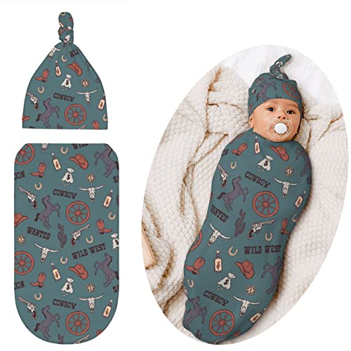 Image of Qwalnely Retro Western Swaddling Blanket for Baby, Unisex Baby Stuff with Hat