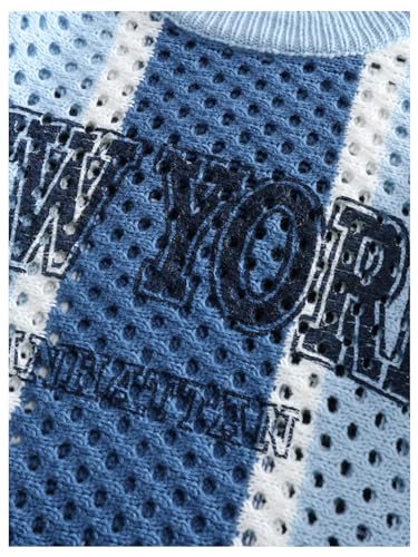 Men's Hollow Out Knit Tops Crew Neck Colorblock Letter Print Sweater4