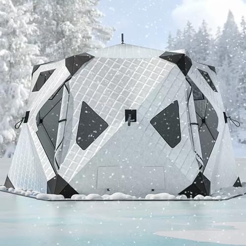 XQZMZSCP Ice Fishing Shelter, 3-8 Person Insulated Tent, Pop Up Portable Ice Shanty, Thermal Hub with Removable Floor Mat, Carrying Bag (Silver)