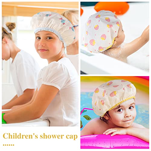 Waterproof Shower Caps, 3 Pcs Plastic Reusable Shower Caps Elastic Band Bath Caps for Women, Kids (Food)