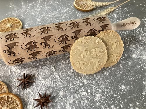 DRAGONS Wooden Rolling Pin. Laser Engraved Dough Roller for Embossed Cookies or Pottery by Algis Crafts