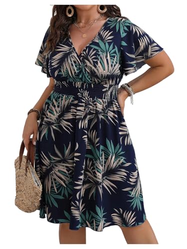 Image of Floerns Women's Plus Size Summer Vacation Wrap V Neck Short Sleeve Ruffle Hem A Line Hawaiian Short Dress