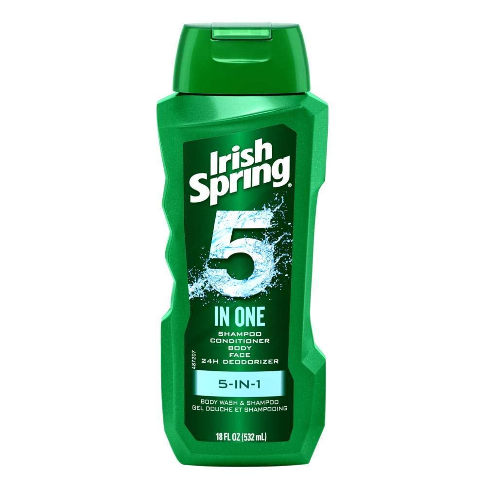 Back view of an Irish Spring 5-in-1 bottle showing usage icons.
