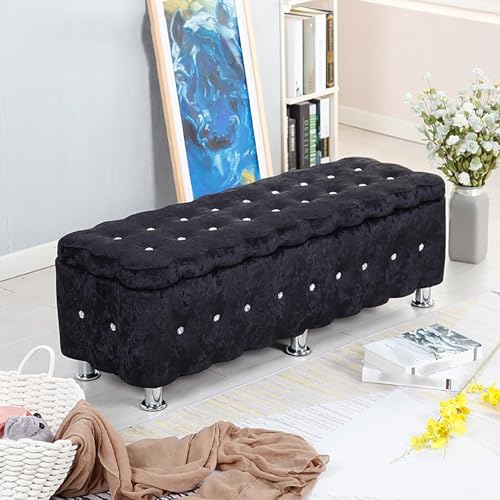 Banco otomano de almacenamiento de terciopelo con capitoné, espacioso banco tapizado para entrada y almacenamiento de zapatos, elegante extremo de la cama con patas de metal resistentes, cómodo