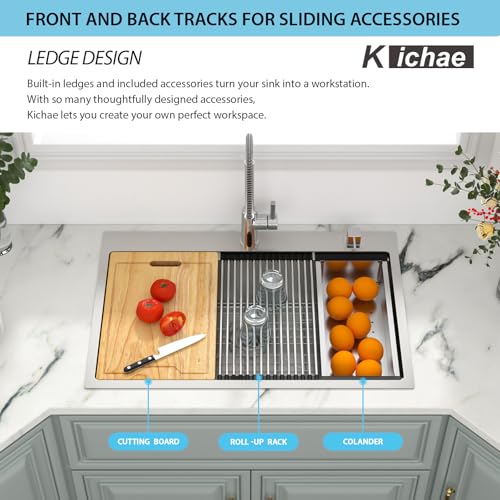Image of Kichae 33 Kitchen Sink Drop In - 33 x 22 Kitchen Sink Ledge Workstation Topmount Drop-In Single Bowl Stainless Steel 16 Gauge Single Bowl