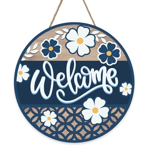 Bolisom Welcome Spring Summer Floral Front Door Sign, Navy Blue White Daisy Flowers Wood Plaque Hanger Outdoor Outside Porch Home Decor, Farmhouse Wooden Wreath Indoor Wall Hanging Decoration