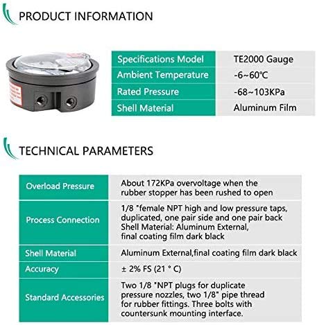 TE2000-30~30PA Micro Differential Pressure Gauge High Precision 1/8"NPT Air Pressure Meter Barometer
