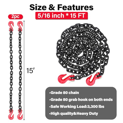 Lechansen 2 Pack G80 Transport Binder Chain 5/16" × 15 feet with G80 Grab Hook, Black Grade 80 Tow Chains Trailer Safety Chain with Clevis Hook 4,900 Lbs Working Limit for Pulling & Towing by Lechansen - Image 2