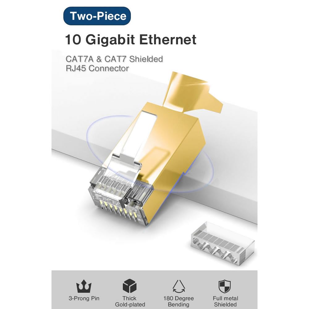 50 Pcs Cat7 Cat7A RJ45 Connectors, Cat7 Cat7A RJ45 Plugs, Sheilded RJ45 8P8C Cat7/Cat7A up to 10Gbps for Ethernet LAN Cable, Gold