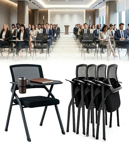 Image of 12 Pack Heavy Duty Folding Conference Chairs with Desk Attached, Cup Holder | Space-Saving Commercial Training Chair, Foldable Office Meeting Chair with Padded Seat & Tablet Arm, Classrooms, Seminars