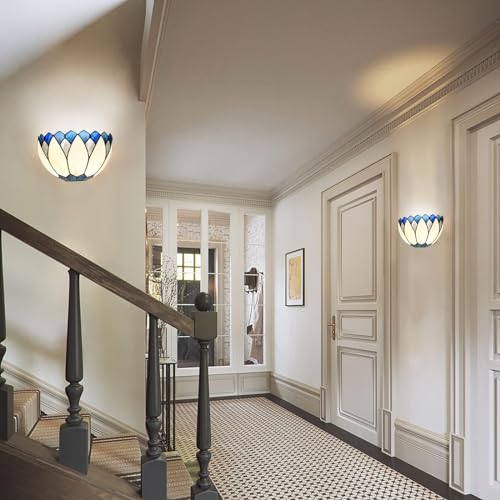 Image of WL0006 Blue White Lotus Tiffany Style Wall Sconce Stained Glass Wall Light Fixtures for Hallway Stairway Bedroom Livingroom, 12 Inches Wide(Blue White)