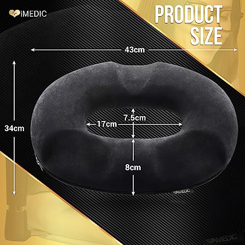 iMedic Donut Cushion for Women - 1x Black Seat Cushion for Haemorrhoids & Postnatal Pain - Memory Foam Office Chair Cushions - Pressure Cushion for Bottoms - Coccyx Cushion for Tailbone Pain