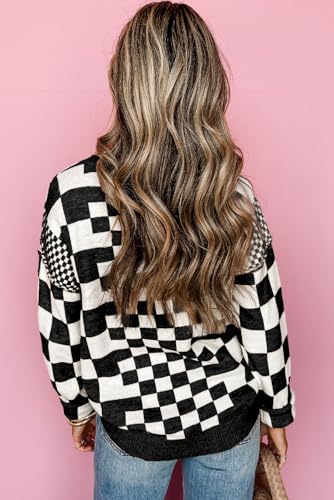 KevaMolly Womens Long Sleeve Sweaters Checkered Print Drop Shoulder Round Neck Sweater Casual Daily Winter Sweater3